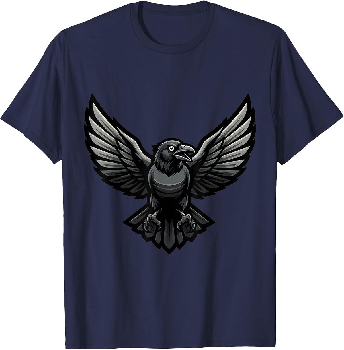 Crow in Flight Spread Wings Illustration T-Shirt - Navy Blue