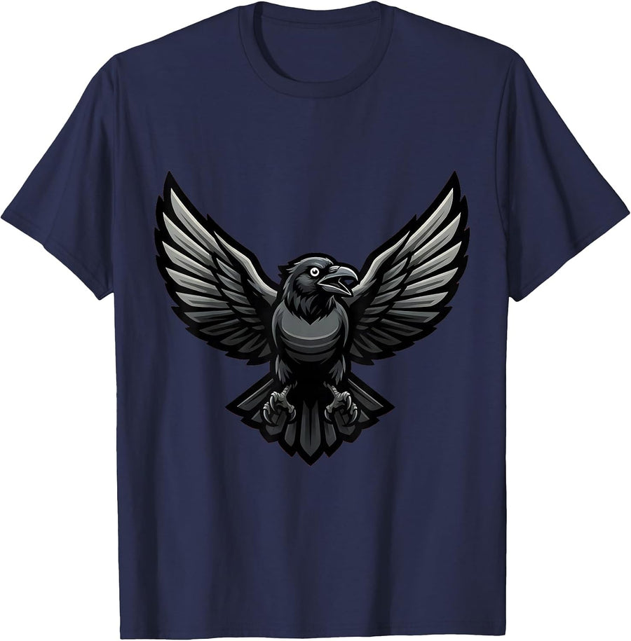 Crow in Flight Spread Wings Illustration T-Shirt - Navy Blue