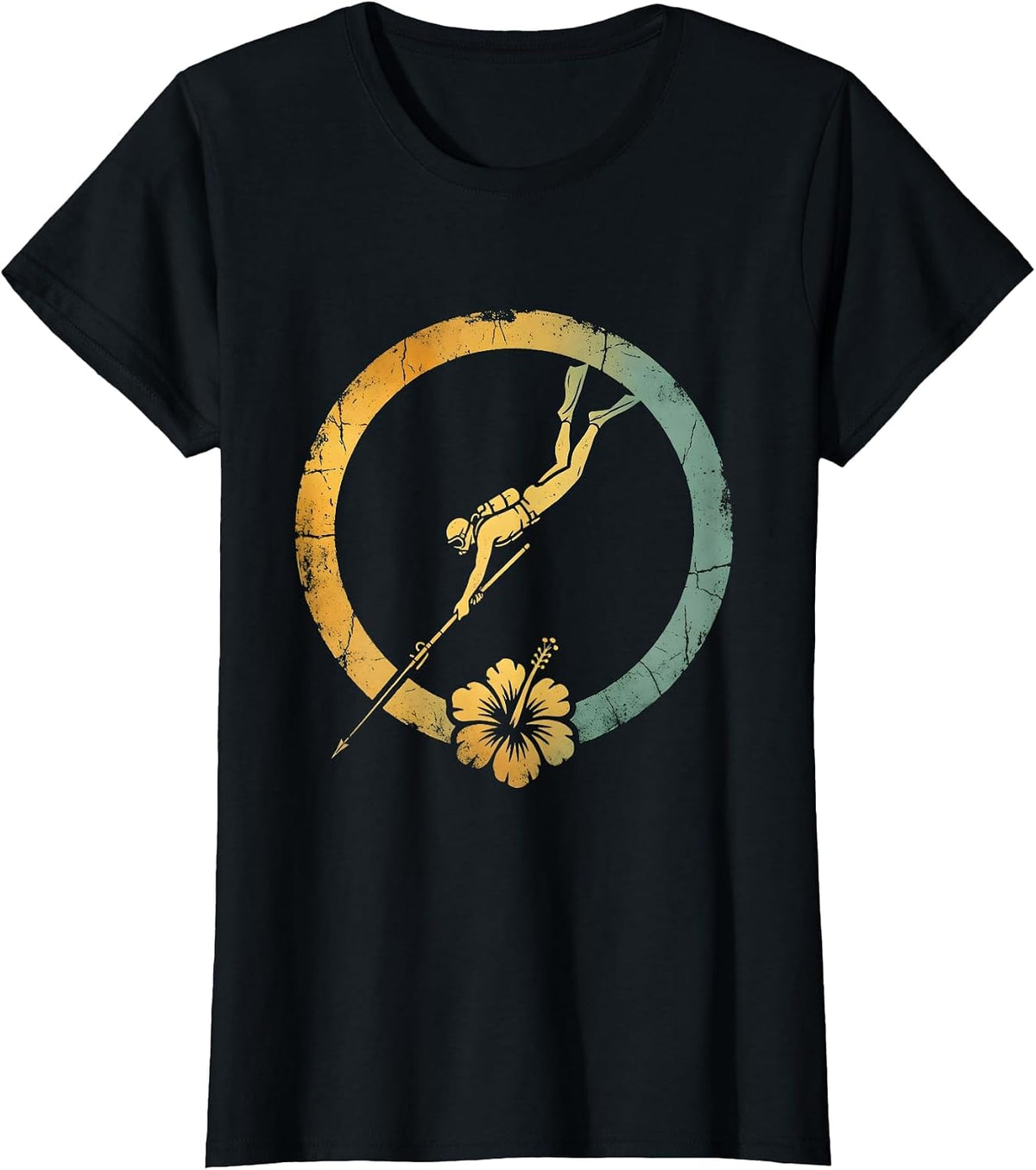 Hawaiian Spearfisher Diving Ocean Floor Graphic T-Shirt - Black