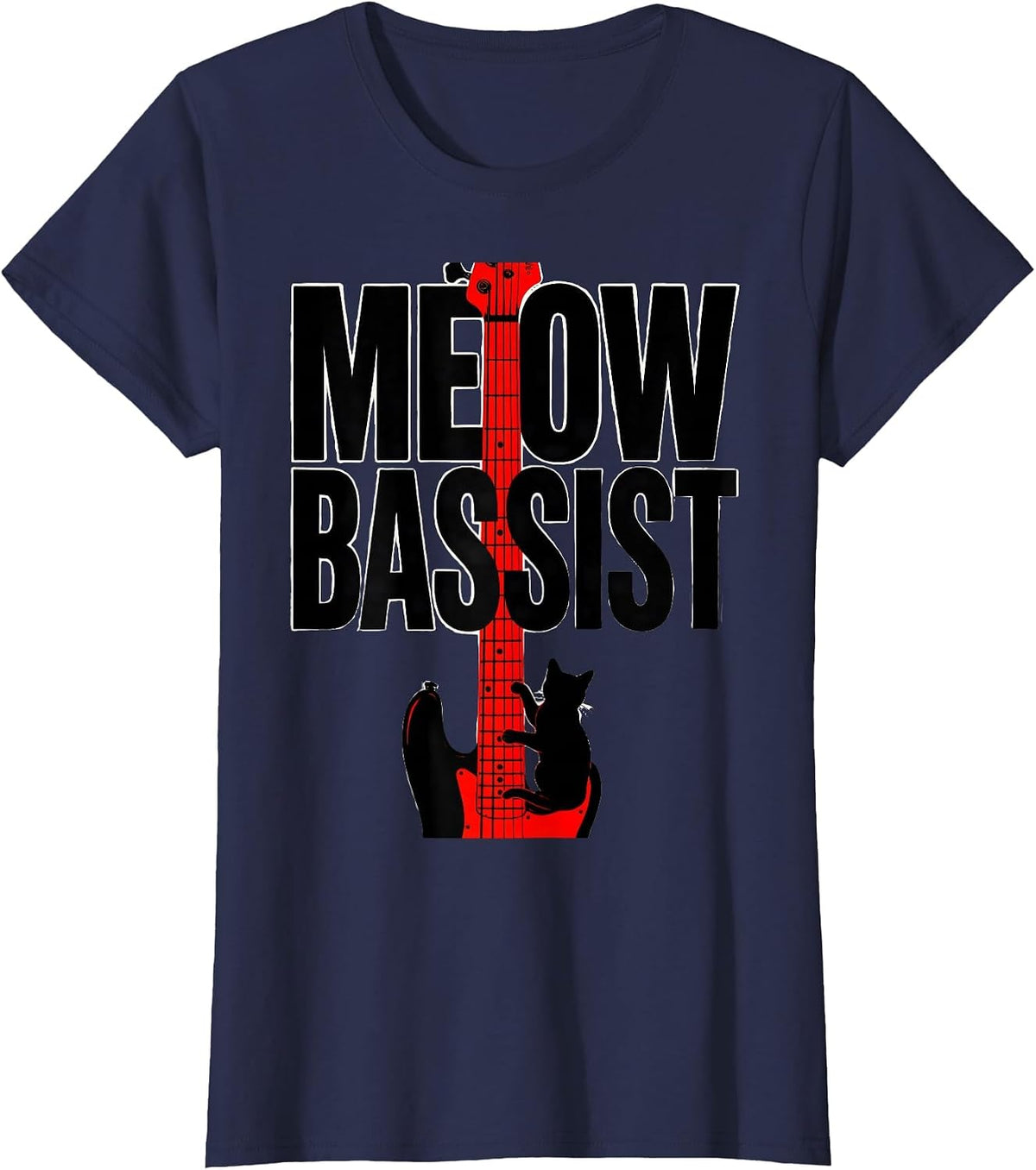 Women's Meow Bassist Funny Cat Rock Music Bass Guitar Humor T-Shirt - Navy Blue