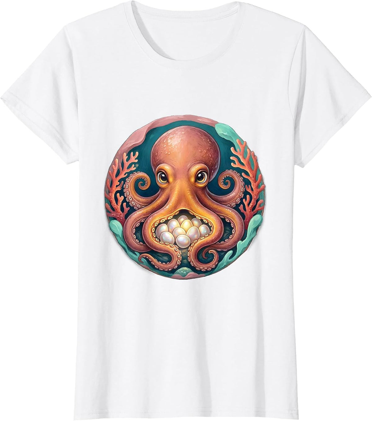 Women's Mother Octopus Sheltering Eggs Protective Mom Art T-Shirt - White