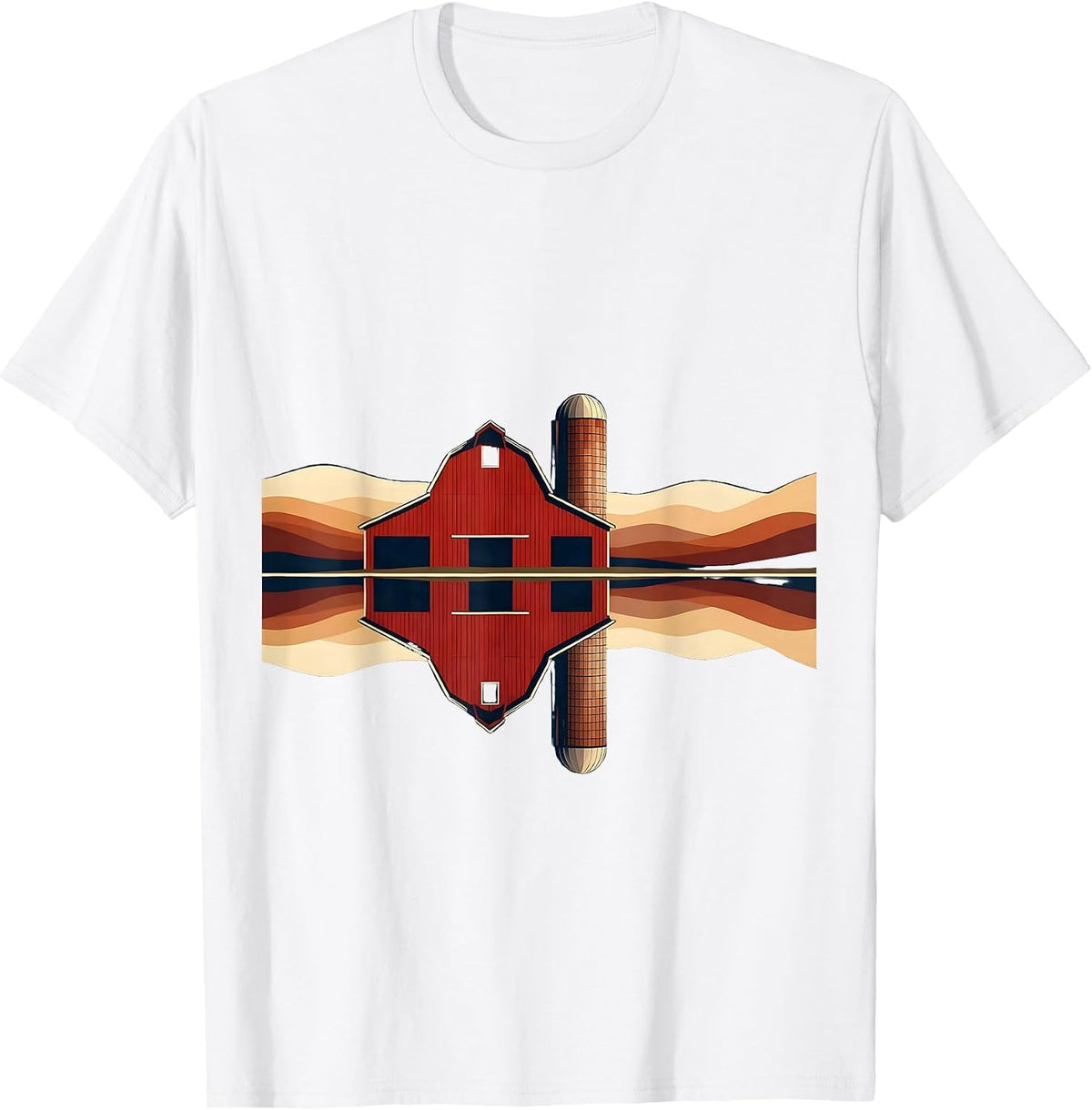 Men's Red Barn Reflected in Still Pond Illustration T-Shirt - White