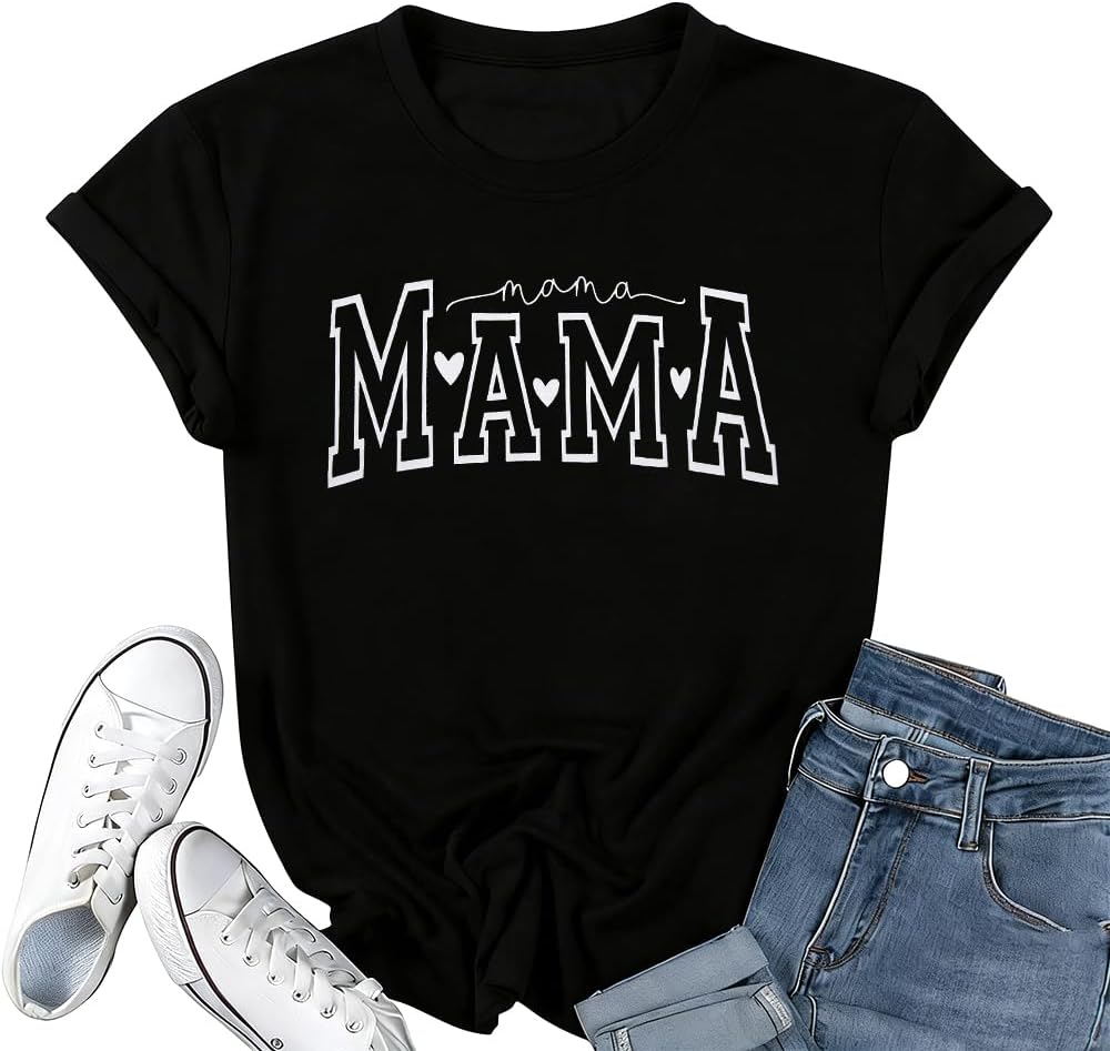 Mama Shirt for Women Mama Letter Print T-Shirt Funny Mom Life Tops Tee - Black