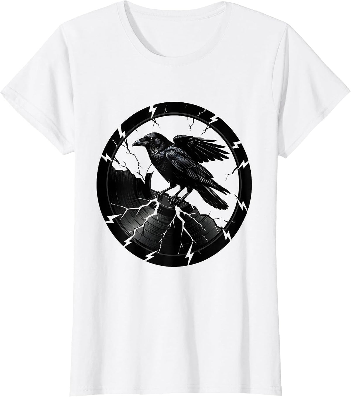 Crow on Cracked Vinyl Record Rock and Roll Art T-Shirt - White