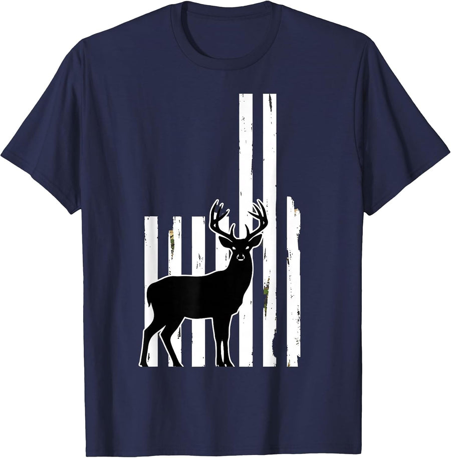 Whitetail Buck Flag, Patriotic Hunting Outdoor T-Shirt - Navy Blue