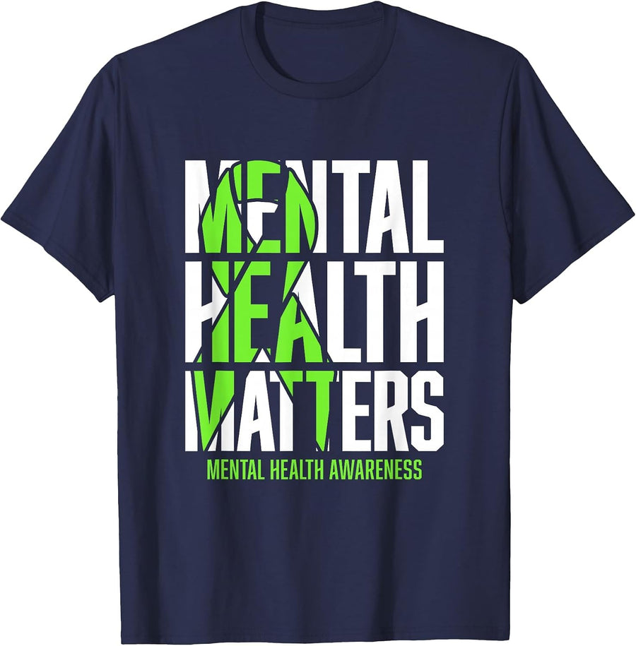 Mental Health Matters Green Ribon Mental Health Awareness T-Shirt - Navy Blue