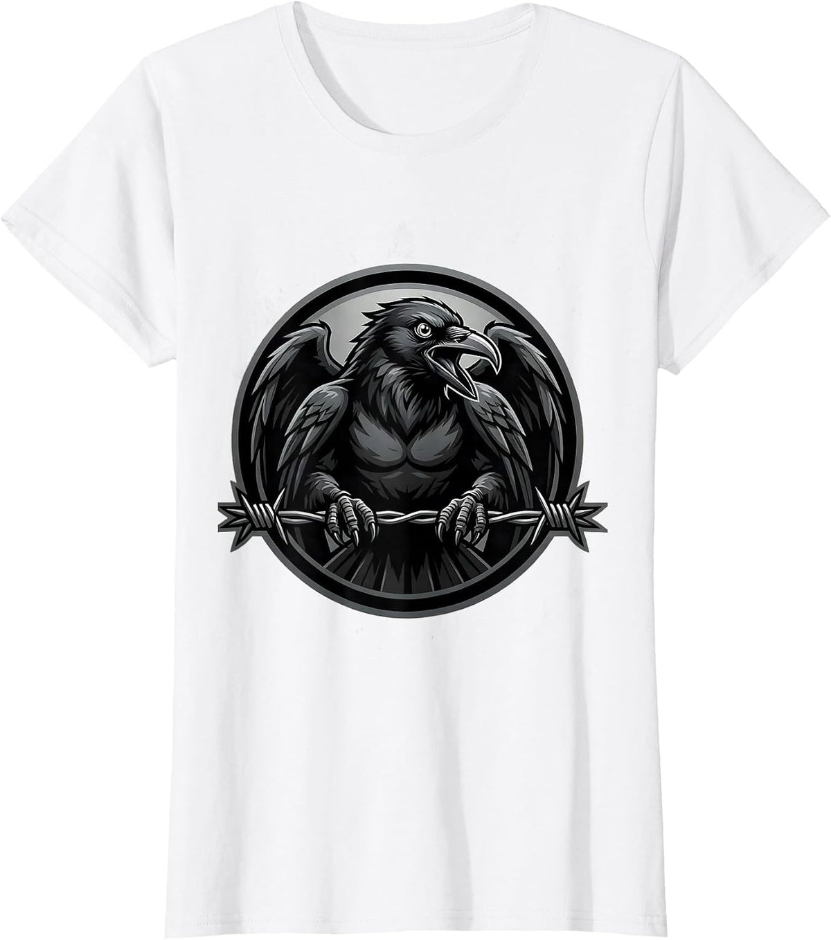 Women's Crow on Barbed Wire Fence Illustration T-Shirt - White
