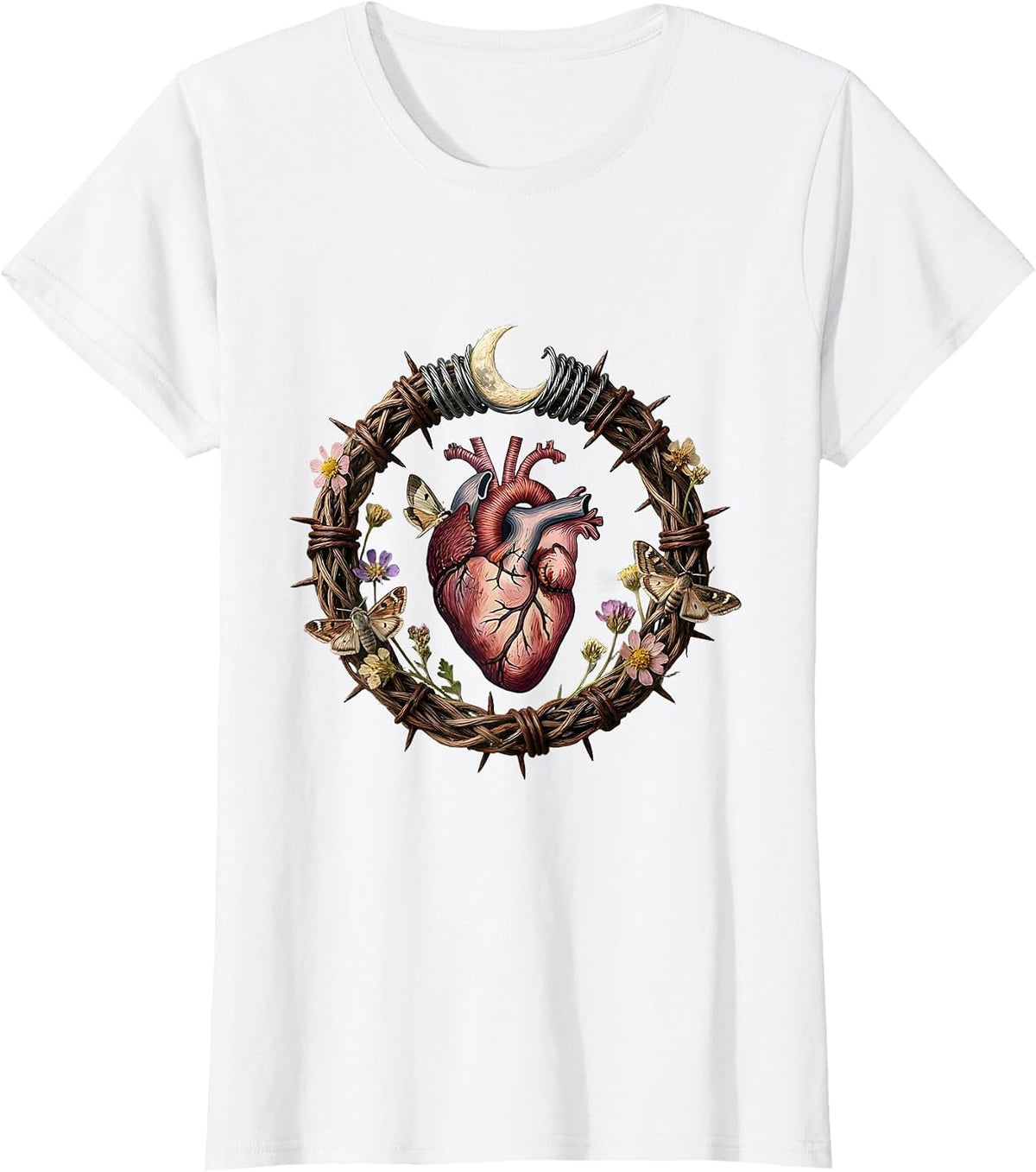 Gothic Barbed Wire Stitched Heart Dark Art Design T-Shirt - White