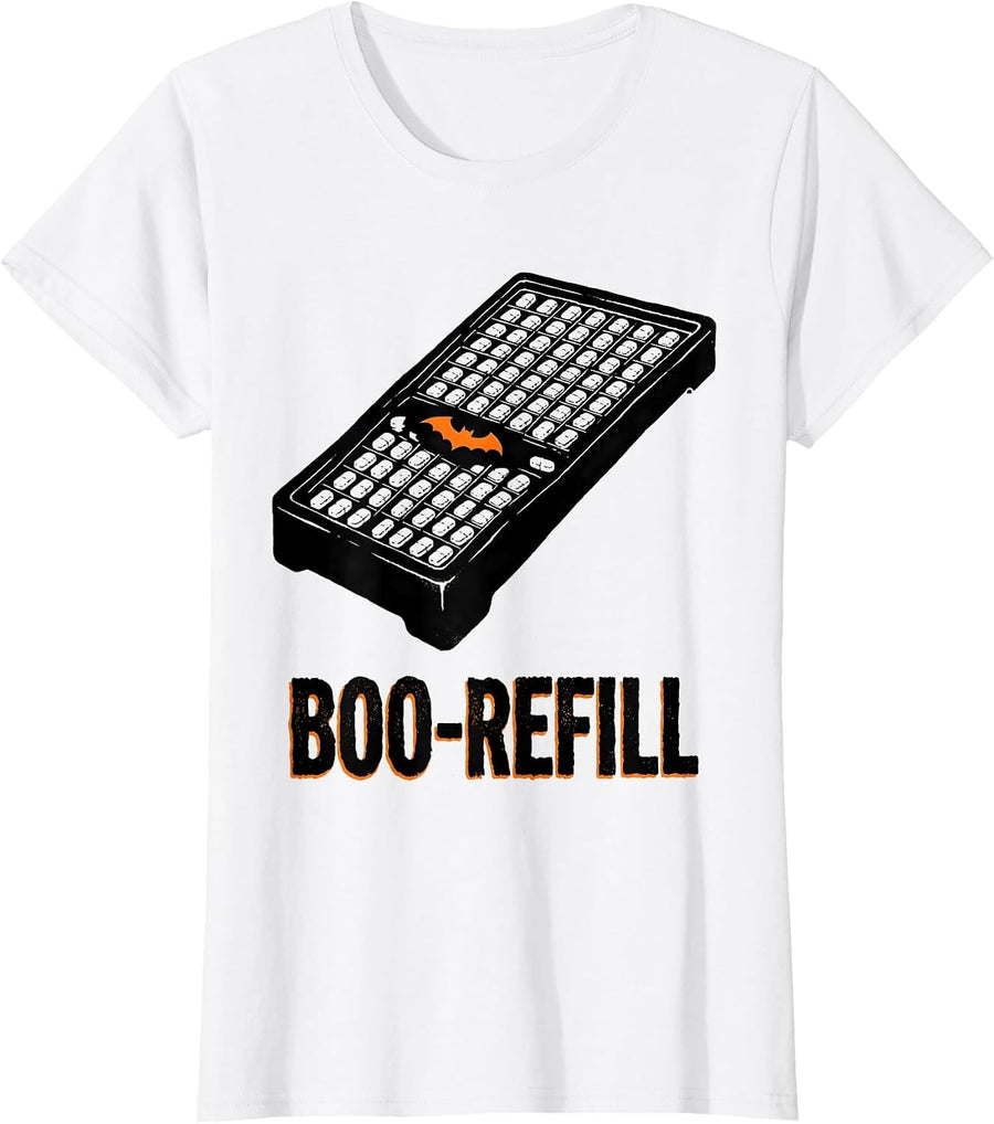 Women's Boo-Refill Stencil Halloween Pharmacy Tech Novelty Humor T-Shirt - White