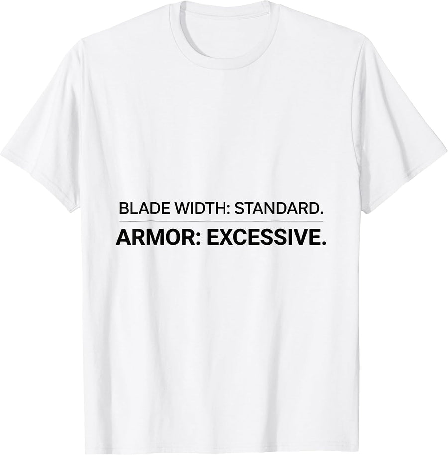 Men's Blade Width: Standard. Armor: Excessive. Heavy Equipment T-Shirt - White
