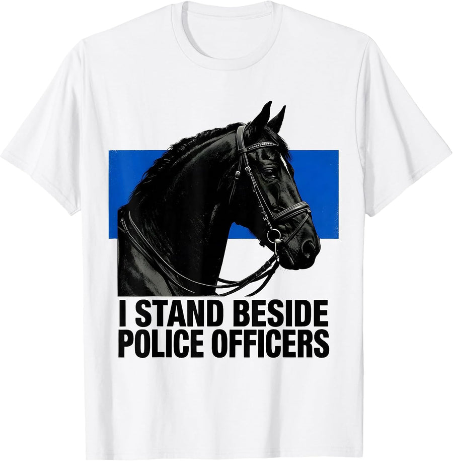 Men's I Stand Beside Police Officers Vintage Thin Blue Line Police T-Shirt - White
