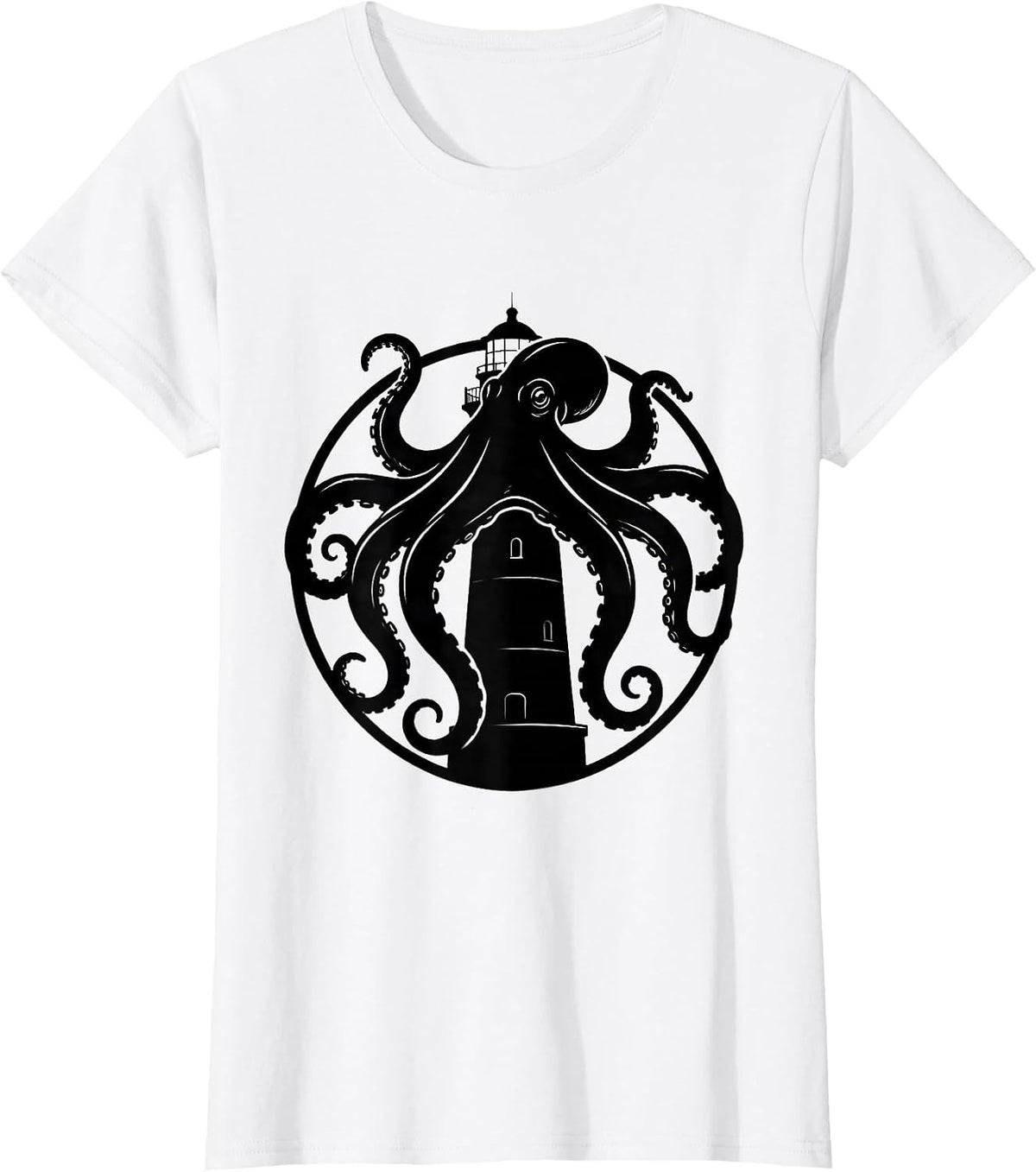 Giant Octopus Gripping Lighthouse Pirate Design T-Shirt - White
