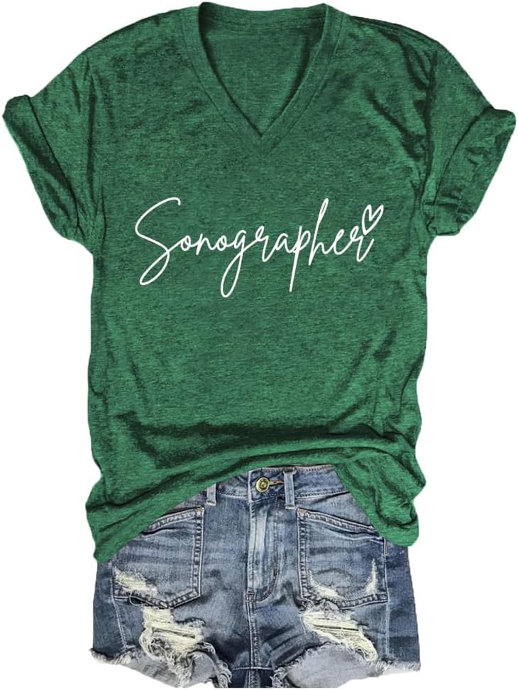 Women's Letter T Shirt Sonographer Graphic Tees V Neck Short Sleeve Sonography Ultrasound Tech Cardiac Shirt Tops - Dark