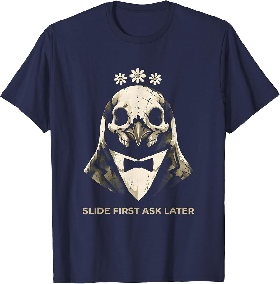 Slide First Ask Later Penguin Graphic Design T-Shirt - Navy Blue