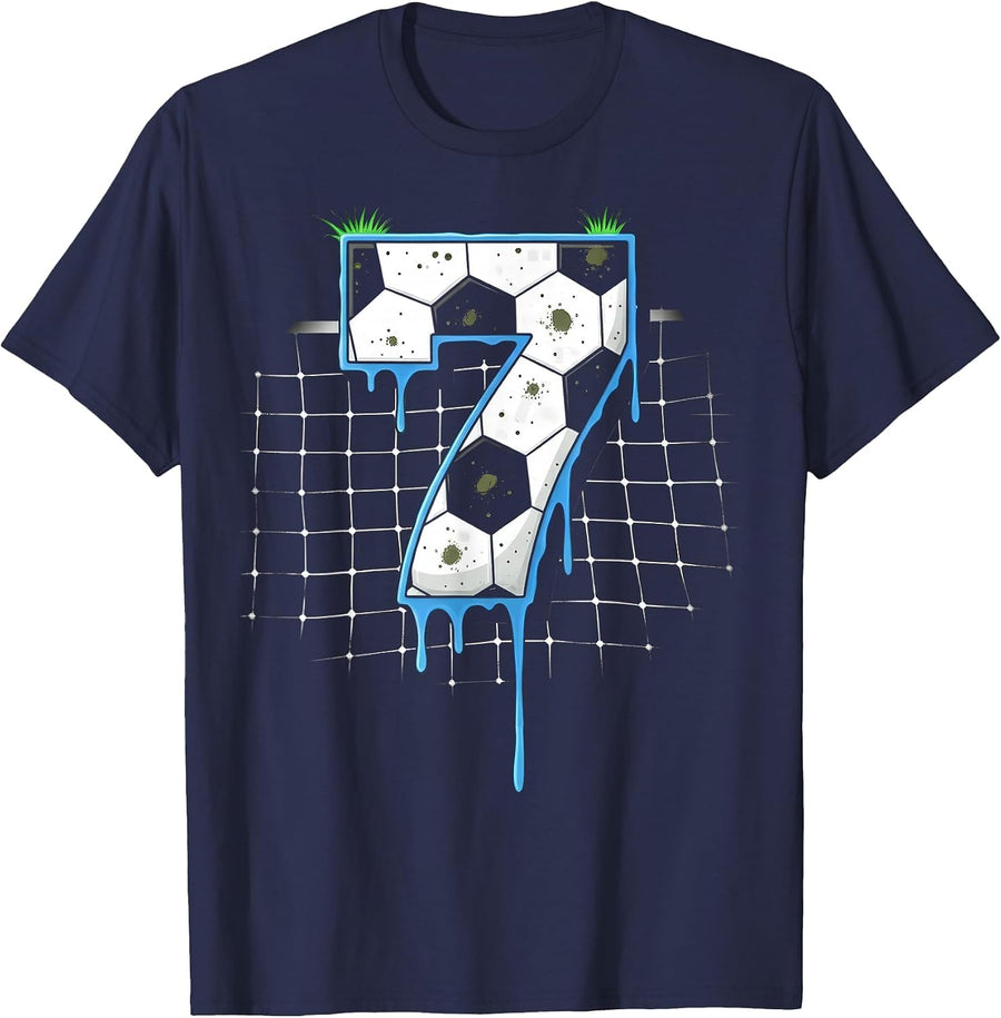 Soccer 7 Year Old Ice Cream Drip Youth 7th Birthday Boy 7 T-Shirt - Navy Blue