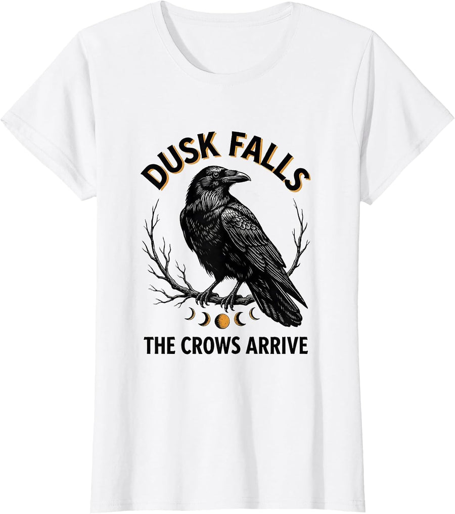 Women's Dusk Falls The Crows Arrive Gothic Nature Raven Bird T-Shirt - White