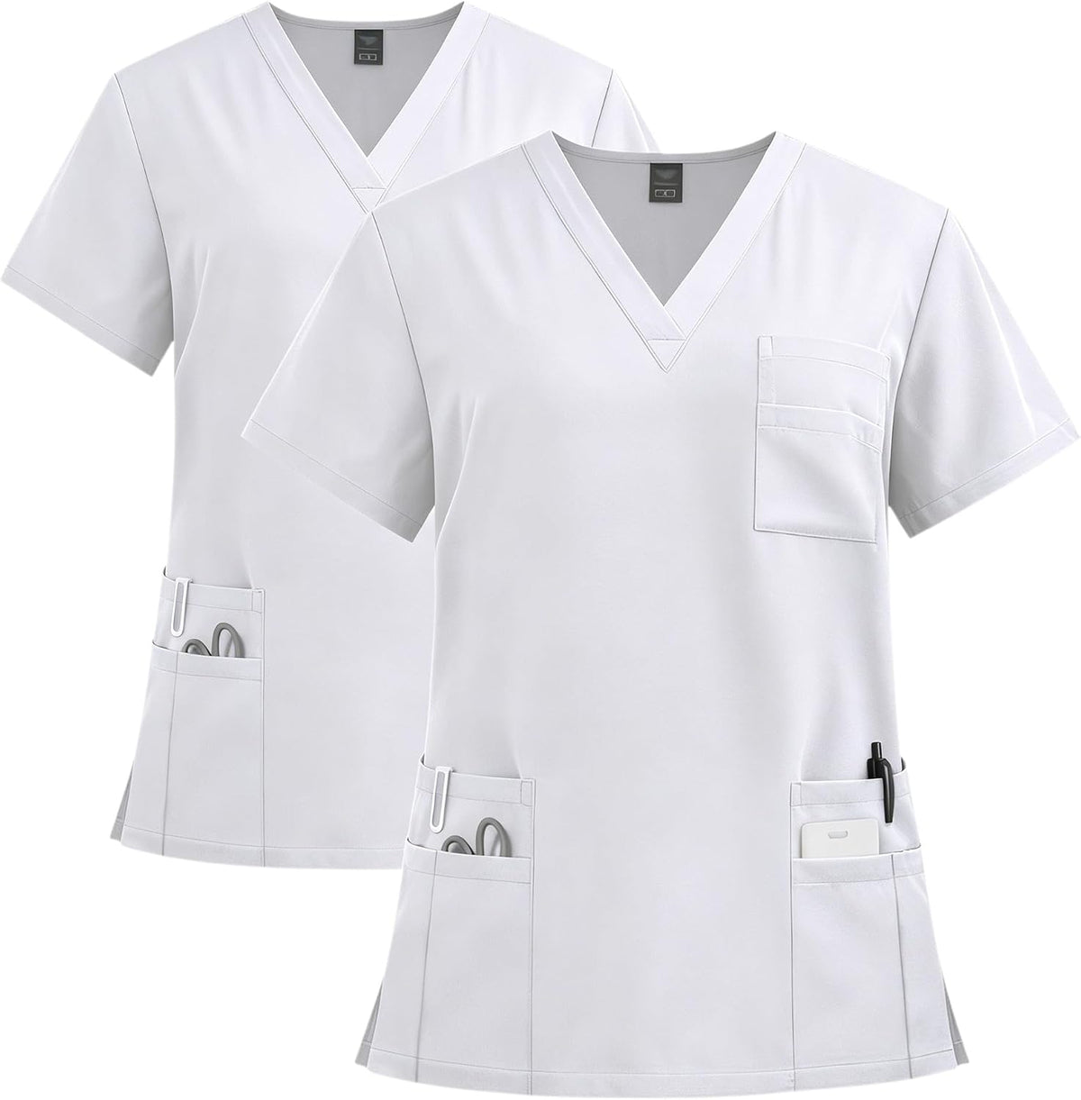 V Neck Medical Scrub Top 2PCS 8 Pockets 94% Polyester 6% Spandex Soft Breathable Quick Dry Stretch Uniform DK91 - White