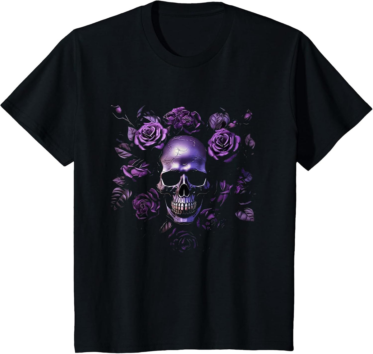 Skull with Purple Roses Gothic T-Shirt - Black