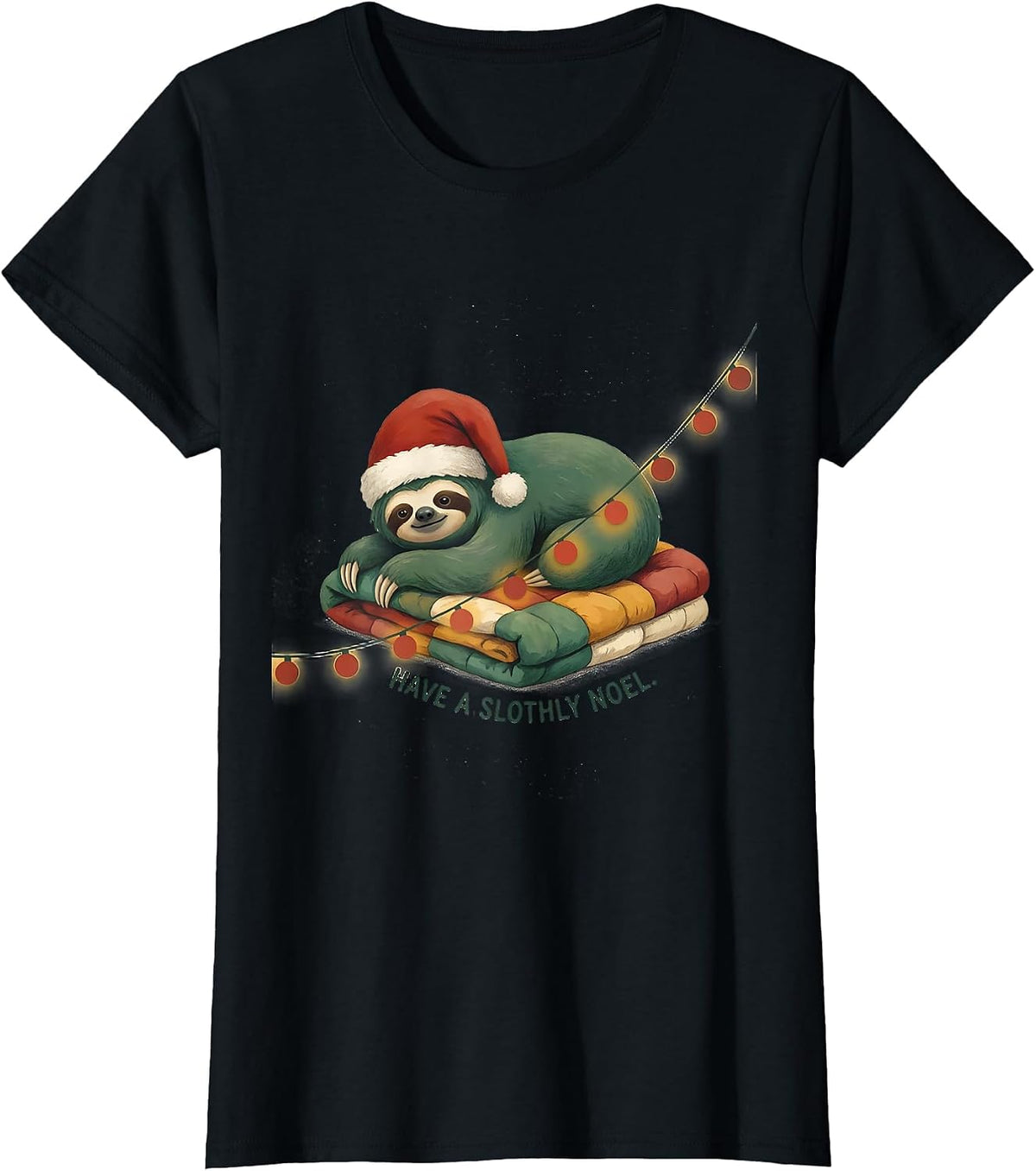 Have a Slothly Noel Funny Sloth Christmas Lights Santa Hat T-Shirt - Black