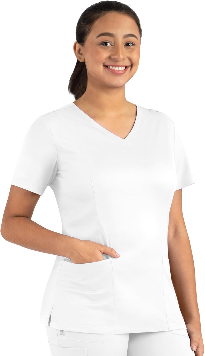 Maevn Matrix Women’s Modern Fit Double V-Neck Medical Nurse Scrub Top, 3 Pockets, Inner Utility Loop, Bungee Loop - White