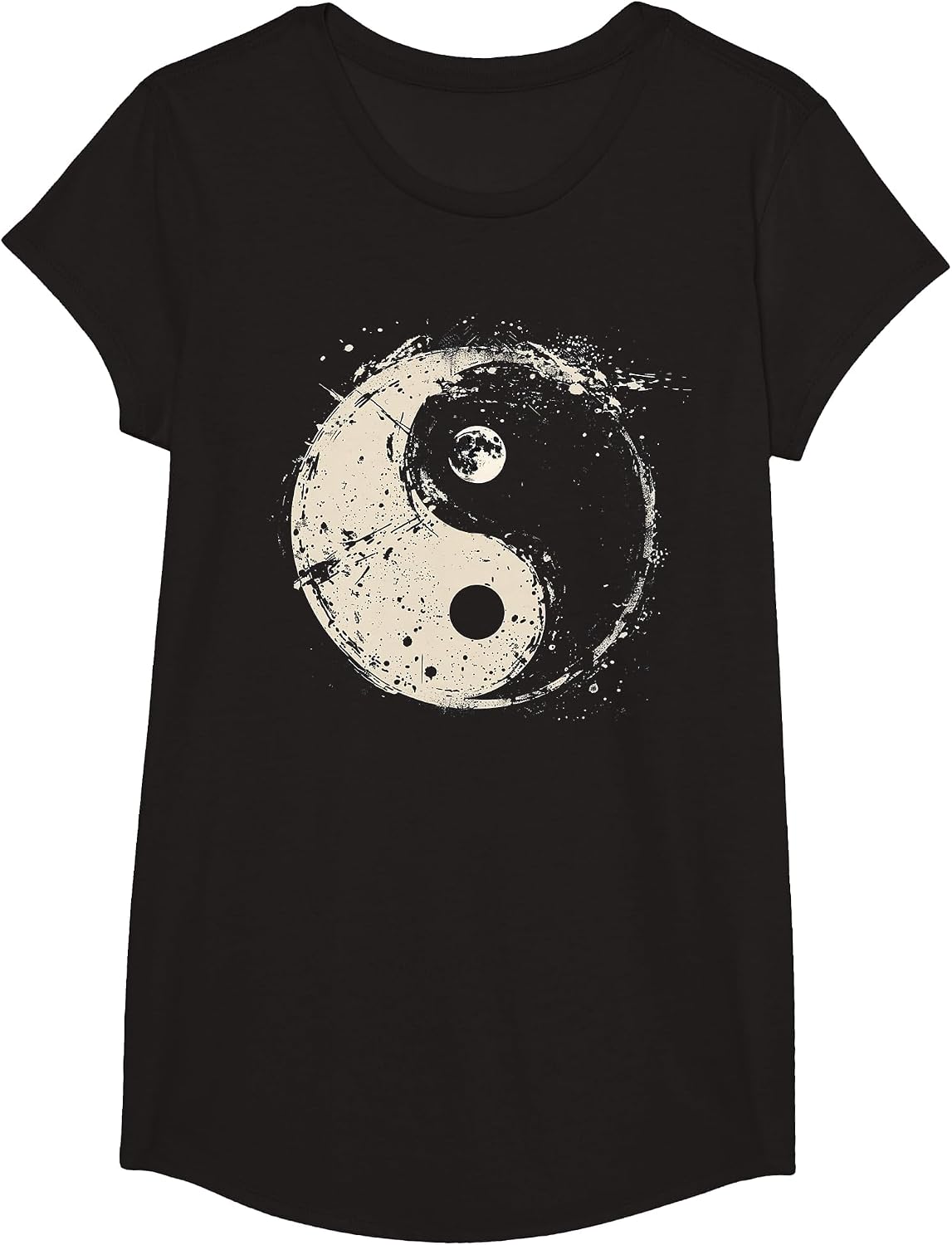 Distressed Yin Yang Moon Balance Spiritual Design T-Shirt - Girls Black