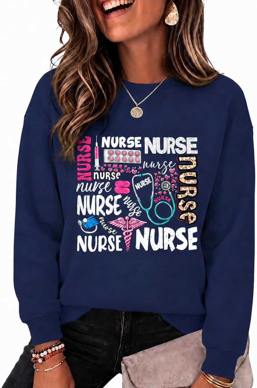 Nurse Sweatshirt for Women Graphic Crewneck Long Sleeve Stethoscope Nursing Sweatshirts Nurses Christmas Pullover - Navy Blue