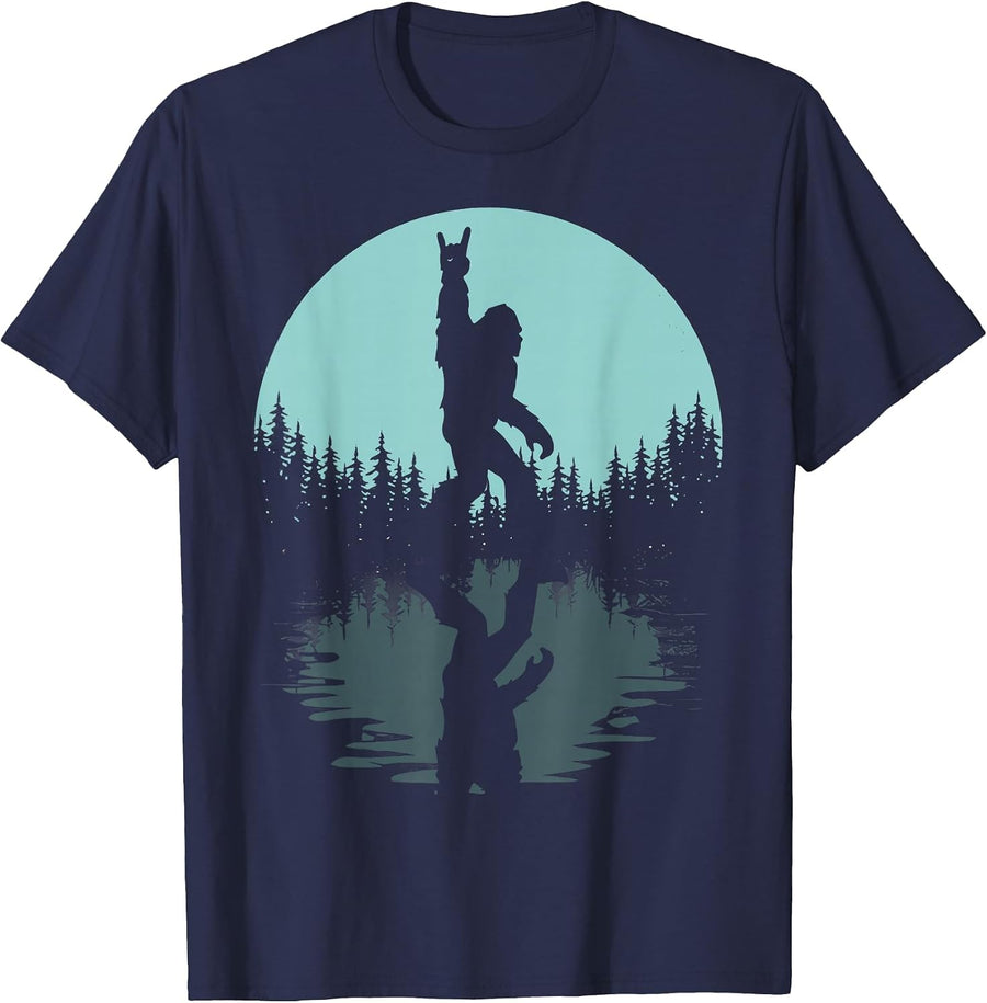 Rock On Bigfoot Sasquatch Loves Rock and Roll Mountain Trees T-Shirt - Navy Blue