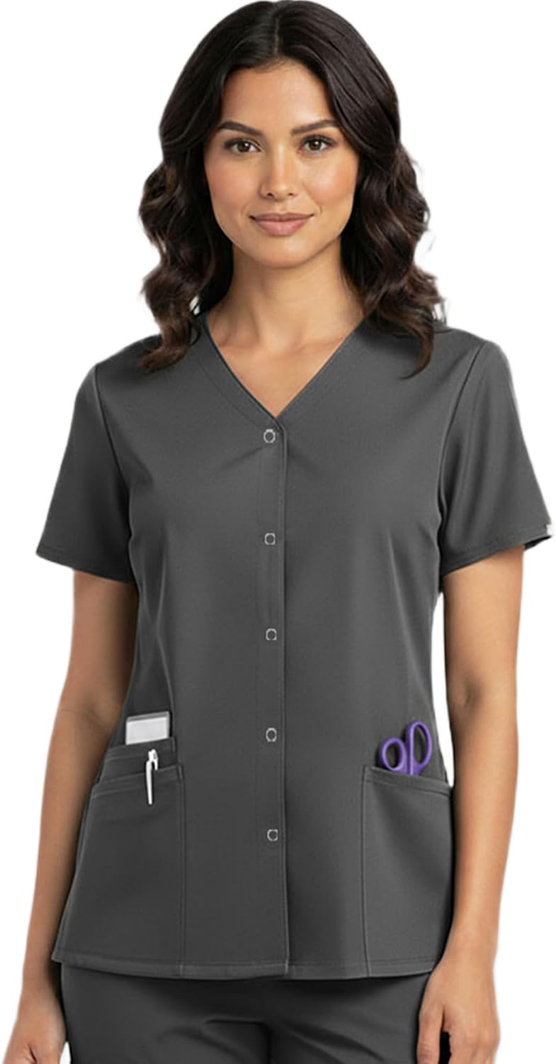 HEEDFIT Women's Snap Front Scrub Top – V-Neck Medical Shirt, Short Sleeve - Charcoal