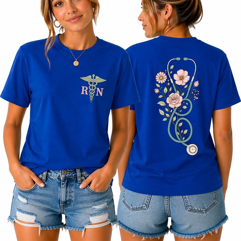 Nurse Shirt for Women RN CNA Boho Floral Nurse Stethoscope T-Shirt - Royal Blue