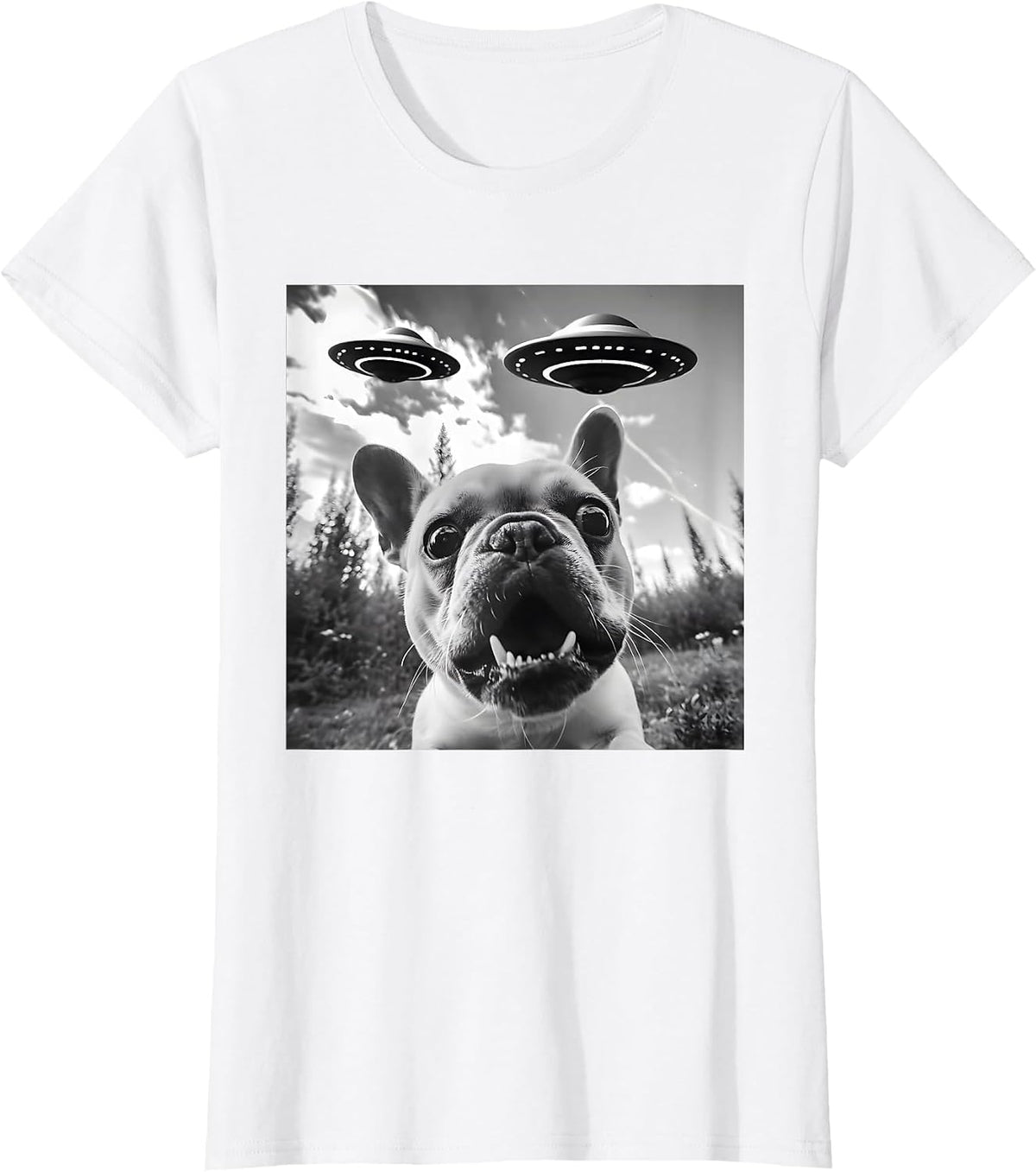 Funny French Bulldog Selfie with UFO Men Graphic T-Shirt - White
