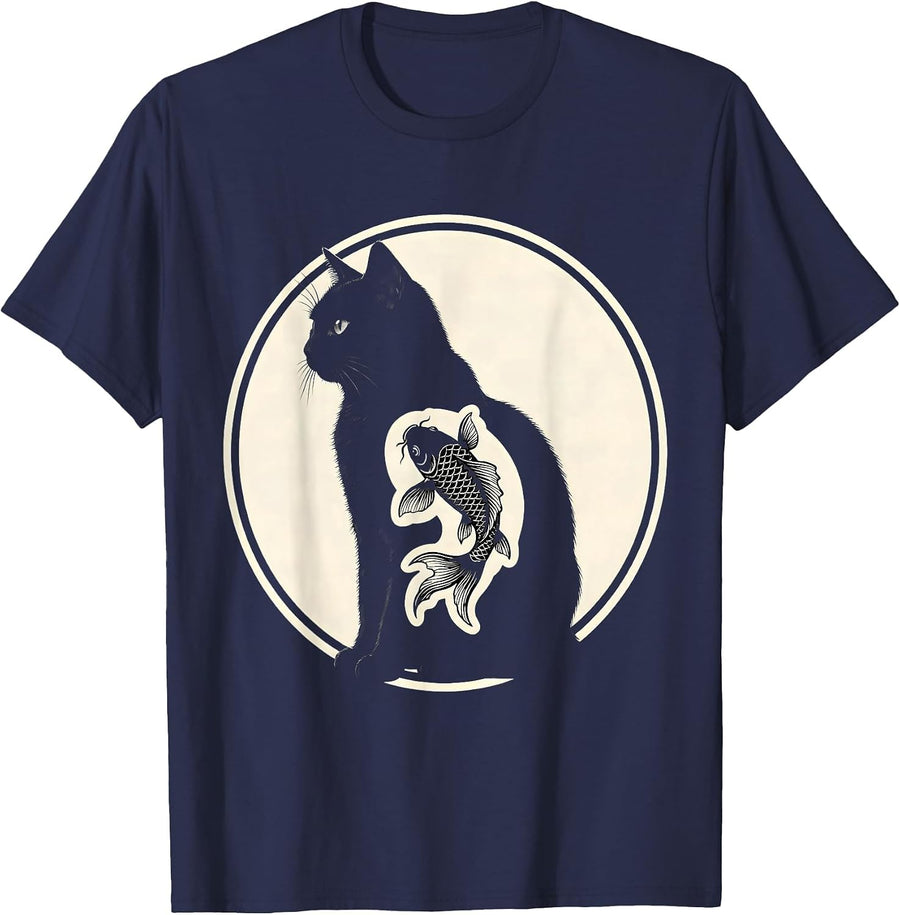 Cat With Koi Fish Belly Tattoo Illustration T-Shirt - Navy Blue