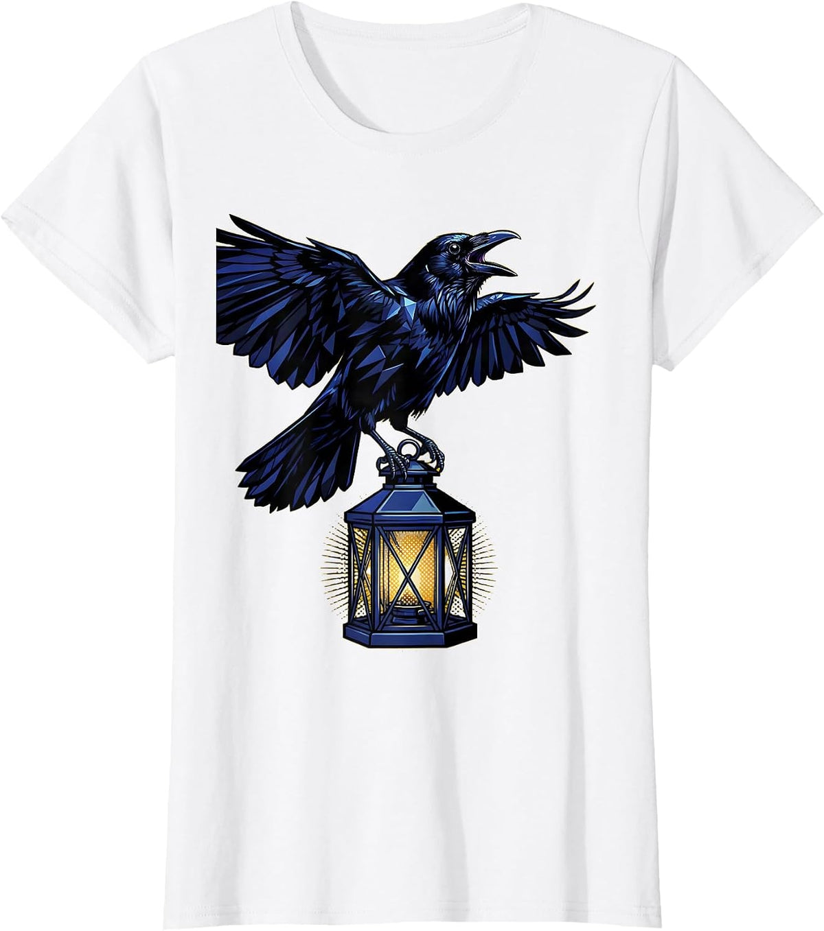 Crow Perched on Old Lantern Illustration T-Shirt - White