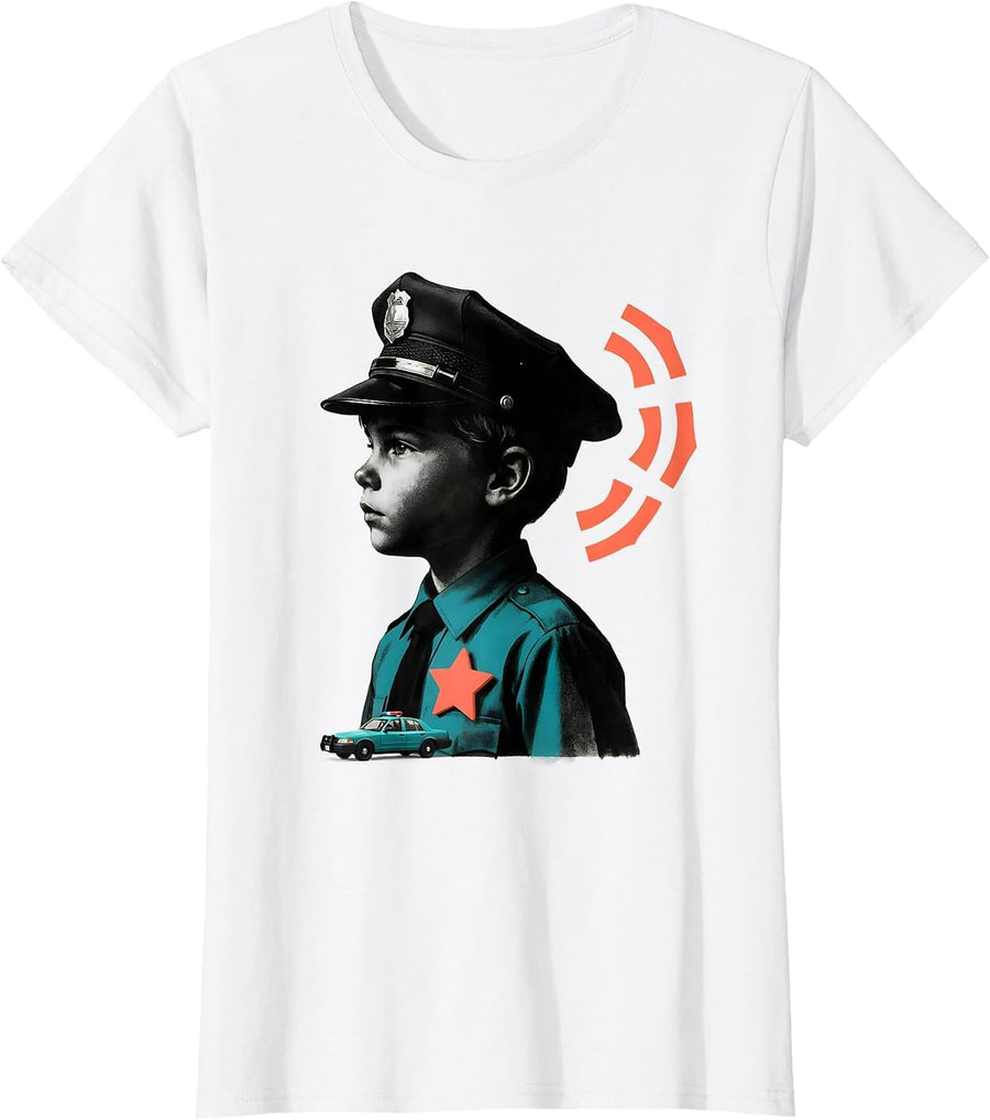 Women's Child Officer Silhouette Midcentury Modern Police Role Play T-Shirt - White