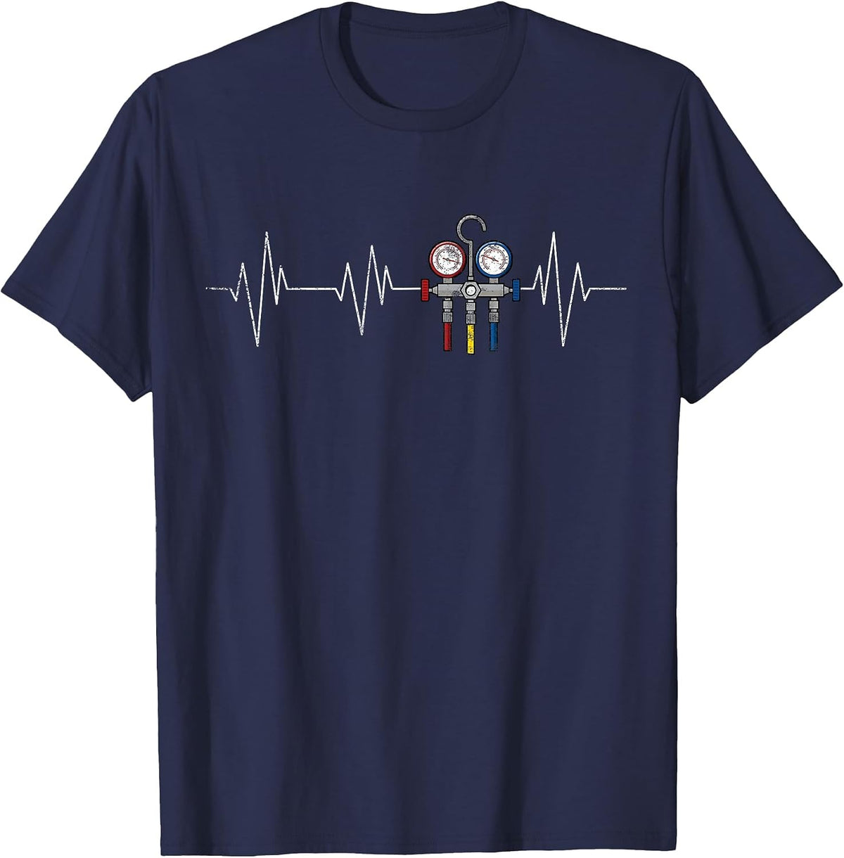 HVAC Technician EKG Heartbeat Vintage Funny HVAC Tech T-Shirt - Navy Blue