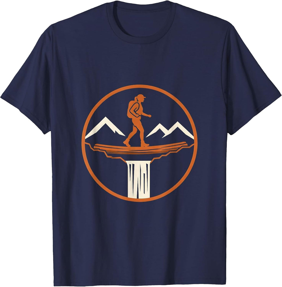 Hiker Crossing Log Bridge Over Waterfall T-Shirt - Navy Blue