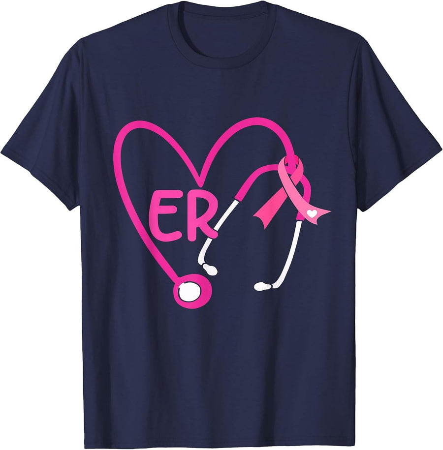 ER Heart Stethoscope Pink Ribbon Breast Cancer ER Nurse T-Shirt - Navy Blue