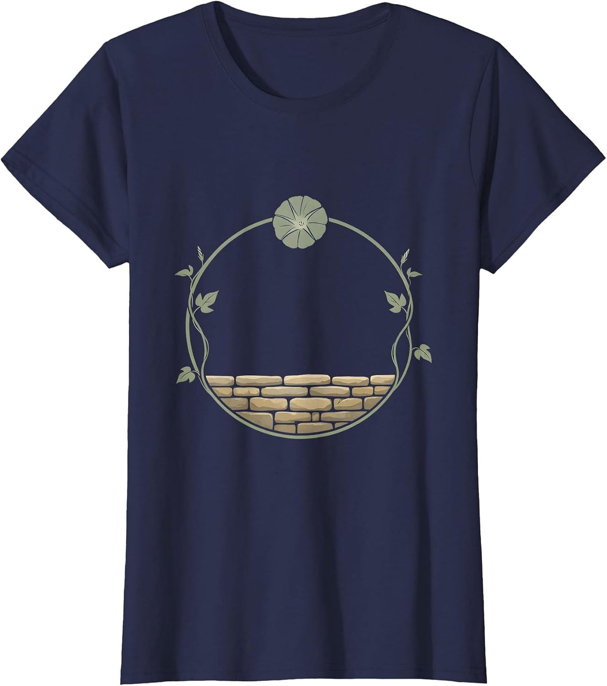 Women's Morning Glory Vine Wrapping Old Stone Wall T-Shirt - Navy Blue