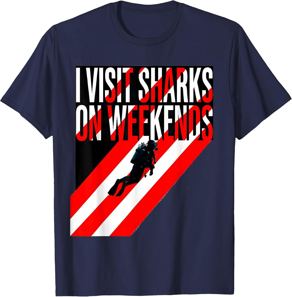 Men's I Visit Sharks On Weekends Funny Scuba Diver Humor T-Shirt - Navy Blue