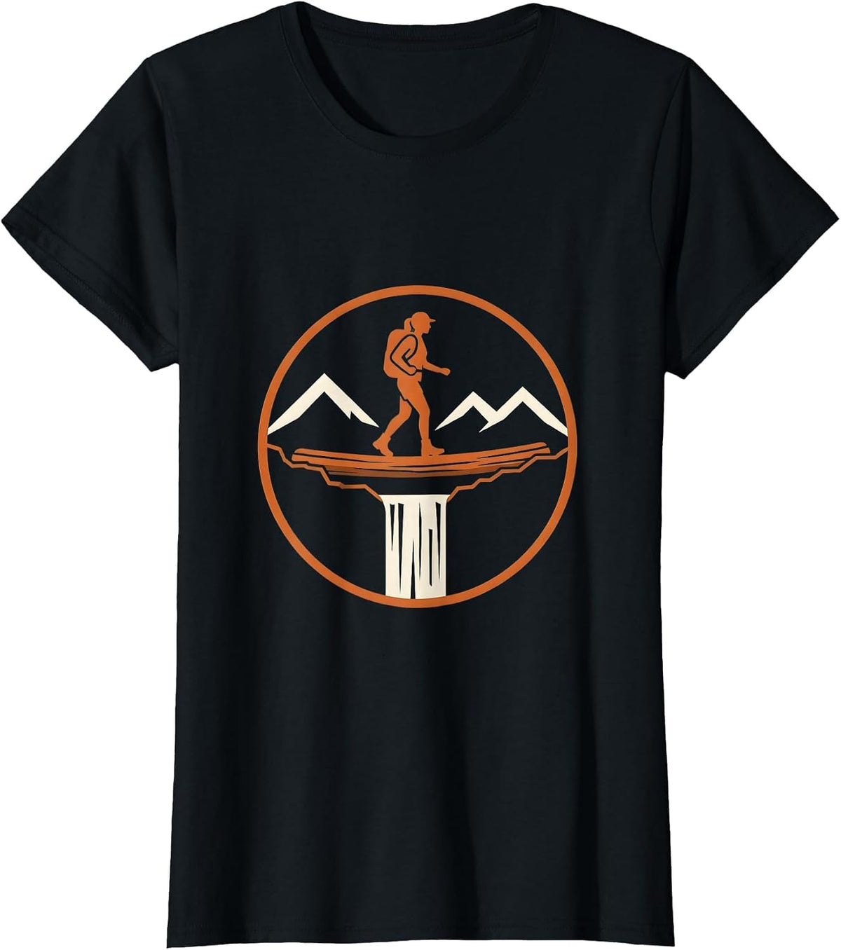 Hiker Crossing Log Bridge Over Waterfall T-Shirt - Black