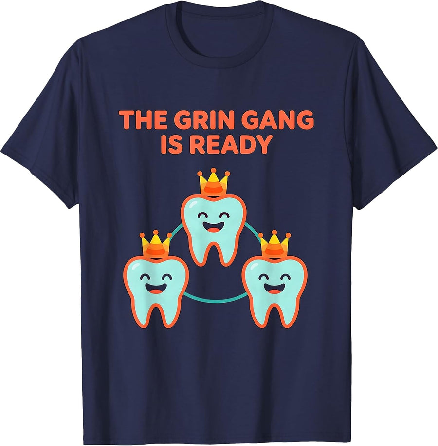 The Grin Gang Is Ready Funny Dental Hygienist Halloween T-Shirt - Navy Blue