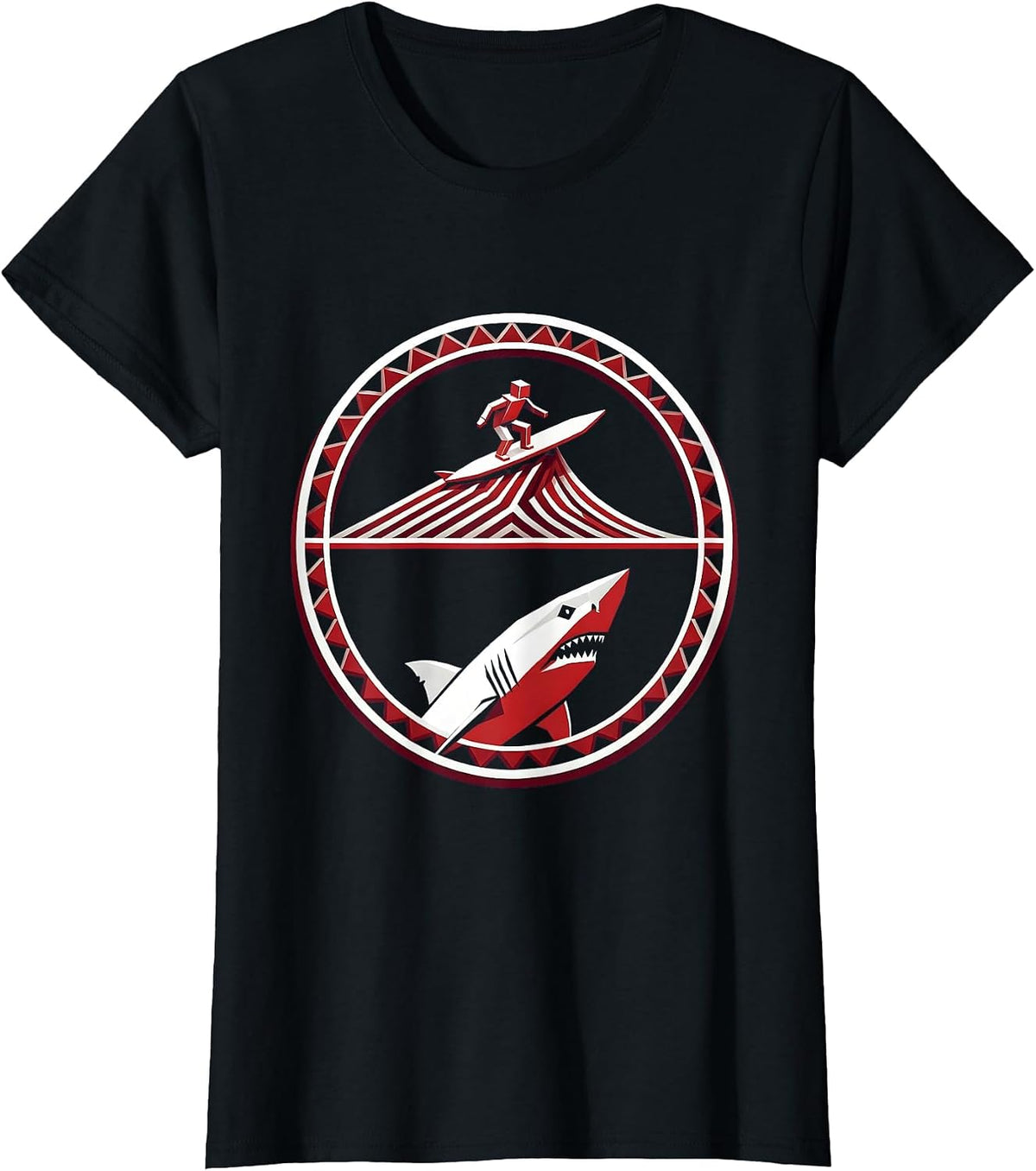 Shark Silhouette Surfer Ocean Graphic Tee T-Shirt - Black