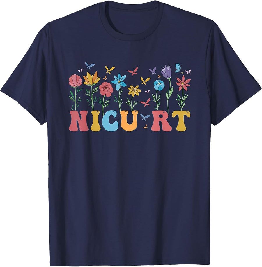 NICU RT Flowers Pediatric Respiratory Therapist Pediatric RT T-Shirt - Navy Blue