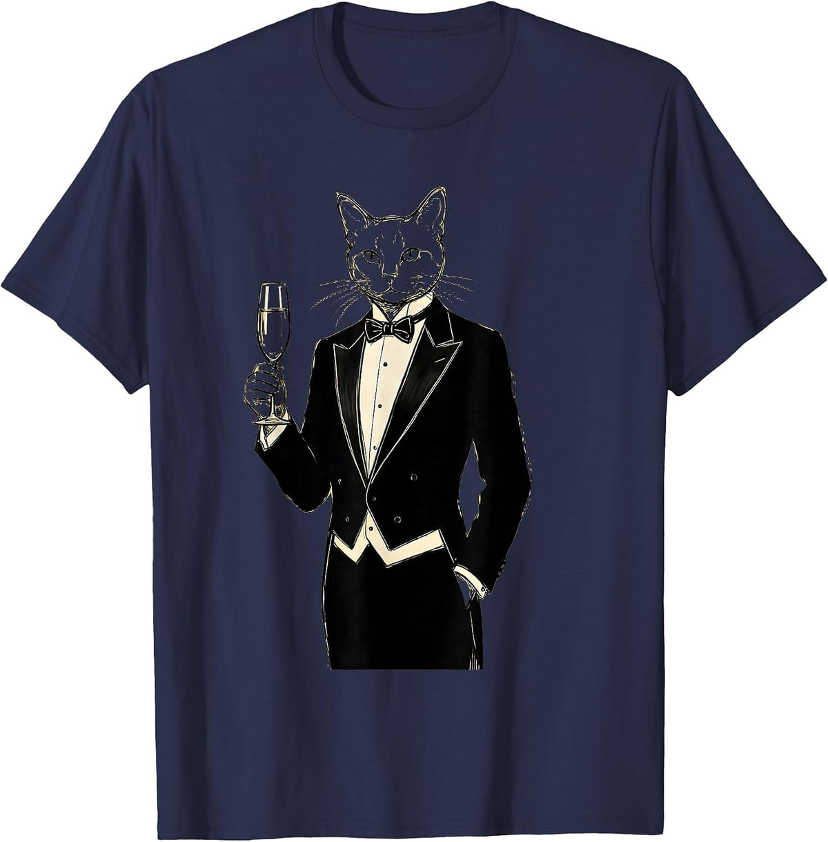 Fancy Cat in Tuxedo with Champagne Glass T-Shirt - Navy Blue