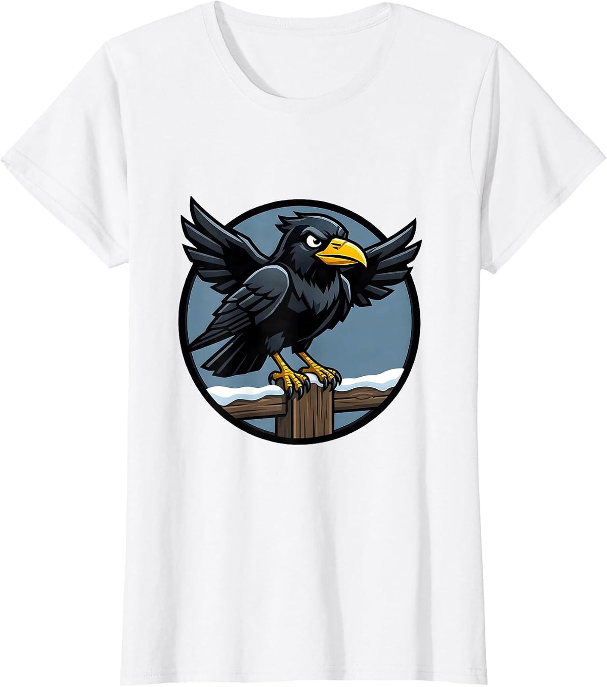Crow on Snow-Covered Fence Post Illustration T-Shirt - White