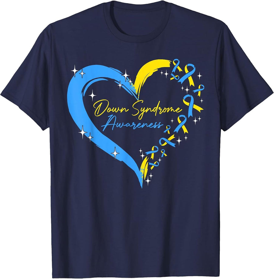 Down Syndrome Awareness Heart Ribbon Trisomy 21 T21 T-Shirt - Navy Blue