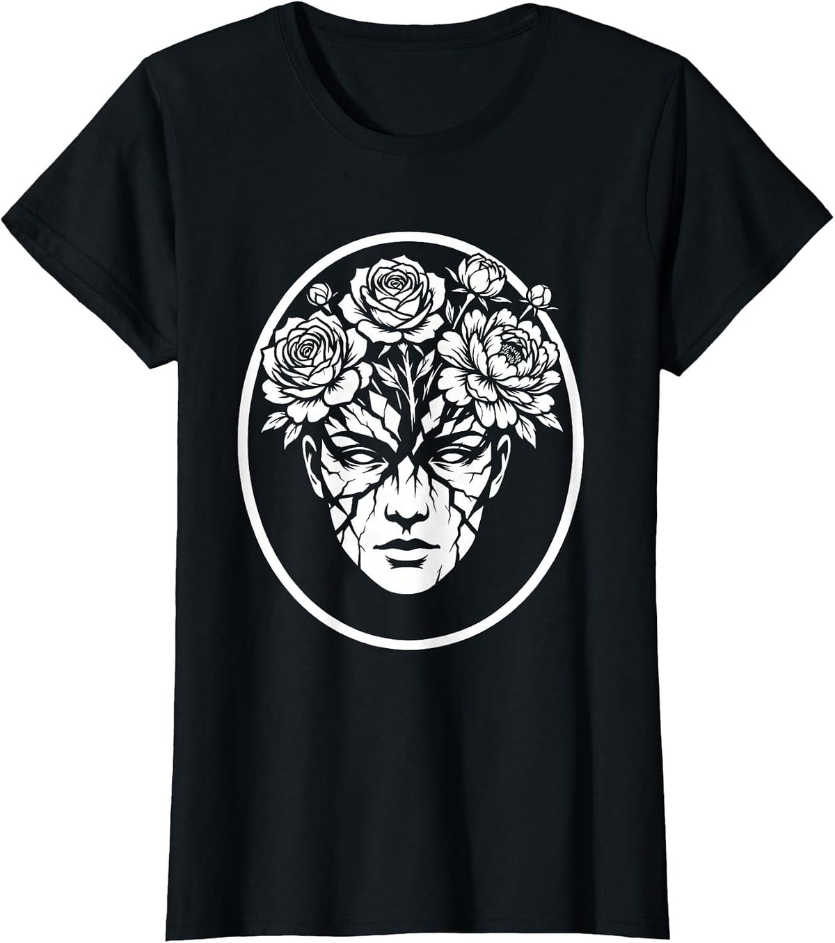 Cracked Porcelain Face Floral Bloom Art Design T-Shirt - Black