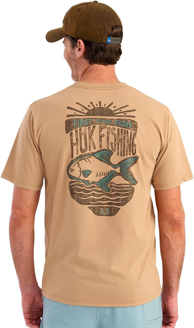 HUK Men's Pocket Tee, Comfortable Performance Fishing Short Sleeve T-Shirt with Chest Pocket - Permit Sun - Marl