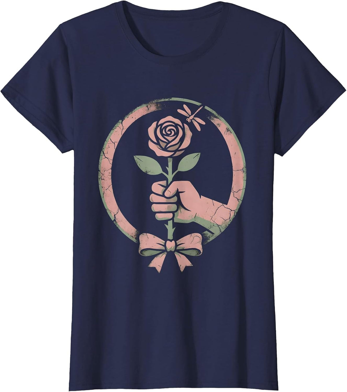 Women's Gigi Manicured Hand Holding Rose Graphic Tee T-Shirt - Navy Blue