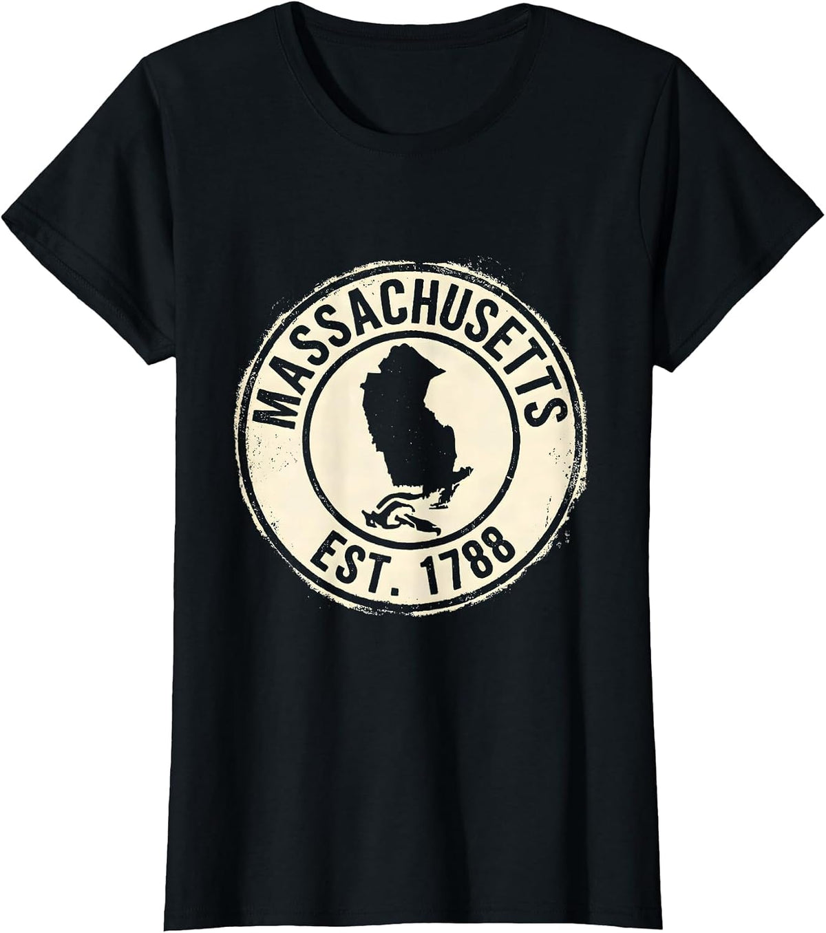 Women's Massachusetts Est. 1788 Vintage Rubber Stamp State Pride T-Shirt - Black