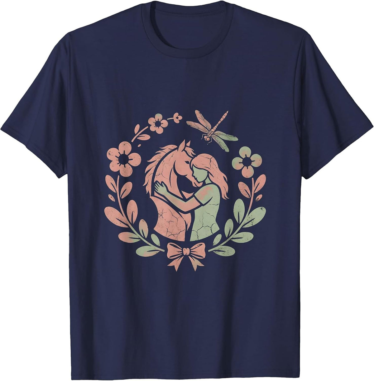 Girl and Horse Stable Embrace Illustration T-Shirt - Navy Blue